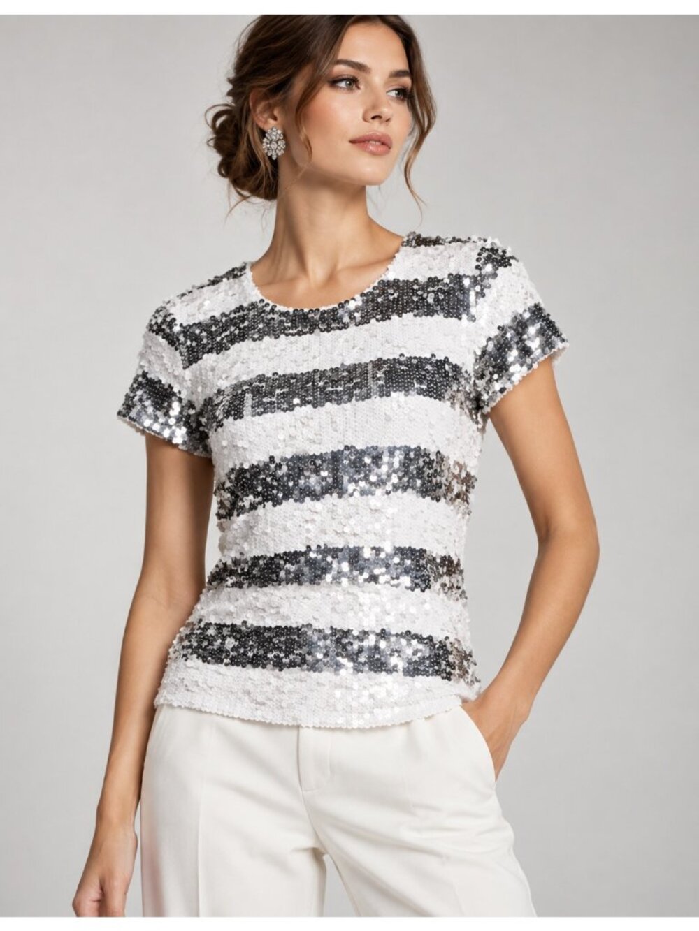Alice + Olivia White Silver Sequin Striped Short Sleeve Top XS Party